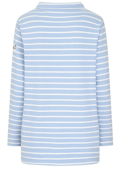 Lazy Jacks women's LJ35 roll neck sweatshirt in sky blue with white stripes.