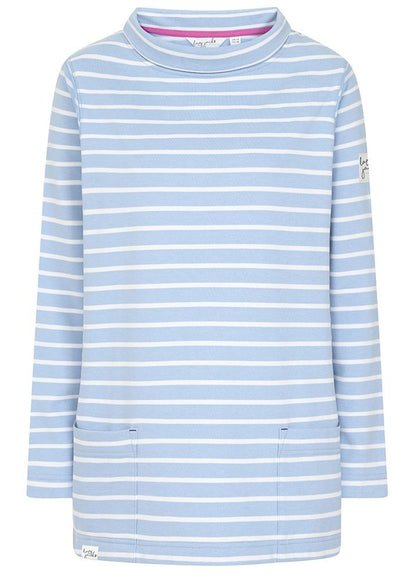 Lazy Jacks women's LJ35 stripe roll neck sweatshirt in sky blue and white.