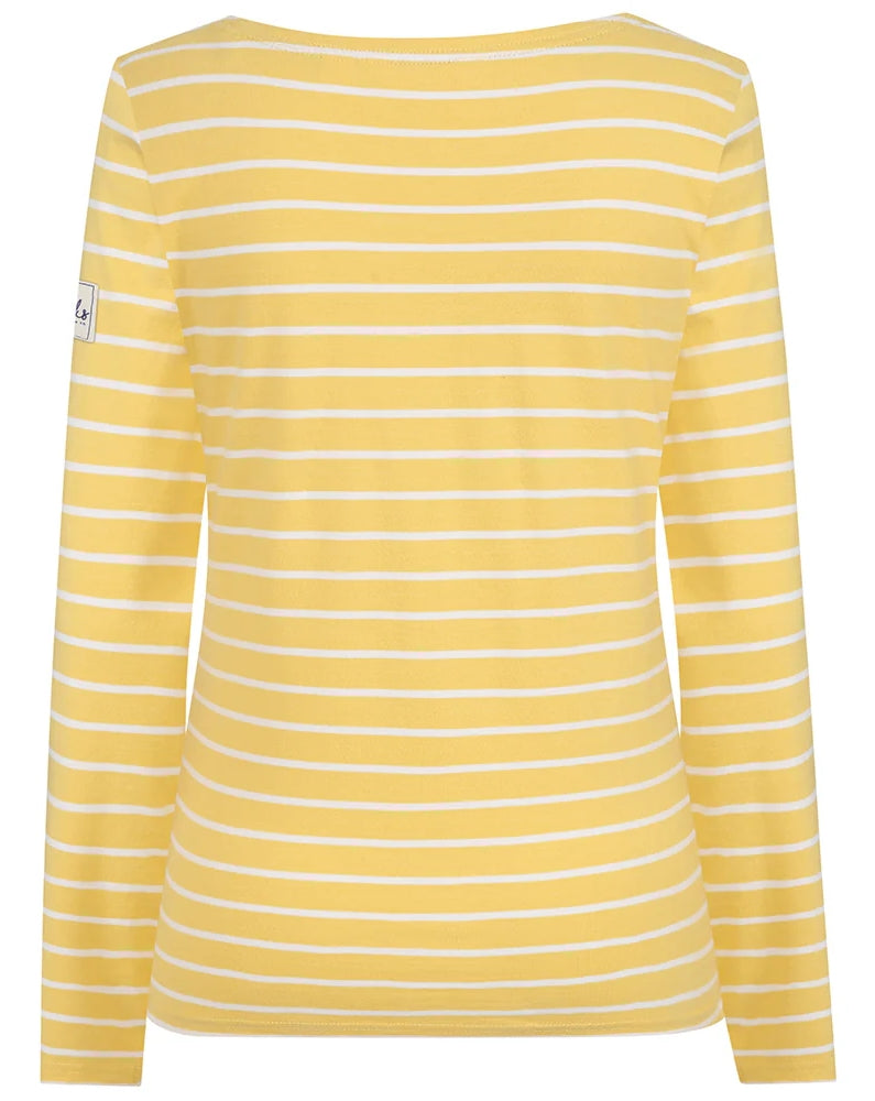 Back view of Lazy Jacks women's Lemon Yellow and White stripy top.