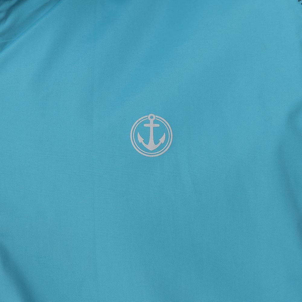 Lazy Jacks men's waterproof Teal jacket in anchor print on the chest.