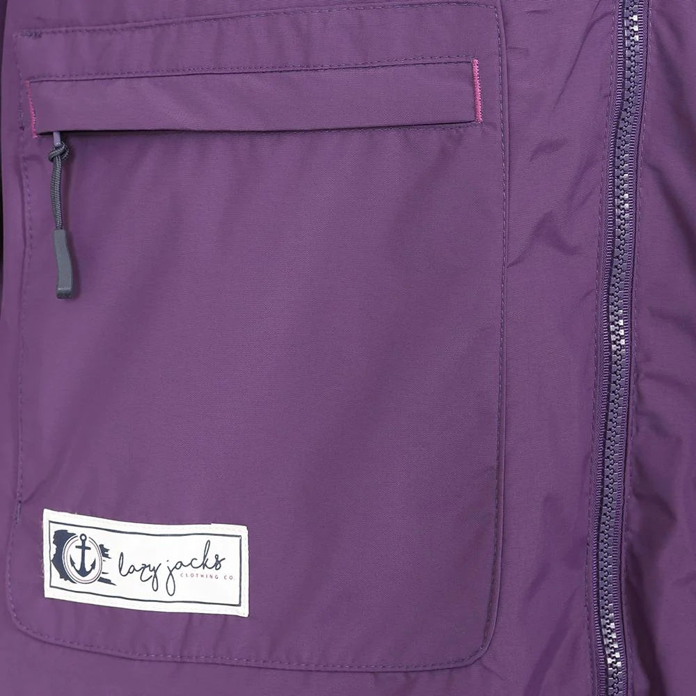 Lazy Jacks women's LJ67 waterproof raincoat in Loganberry Purple with zip pockets.