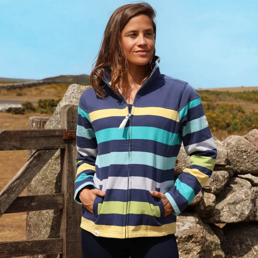 Main front view of a woman wearing a Lazy Jacks LJ32 fill zip sweatshirt in Twilight Navy with a Pistachio/Multioloured stripe pattern.
