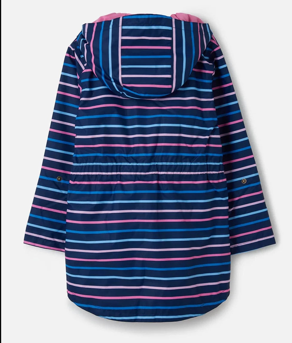 Back view of a childrens Lighthouse Charlotte waterproof hooded jacket in navy with a pink and blue stripe pattern on a white background