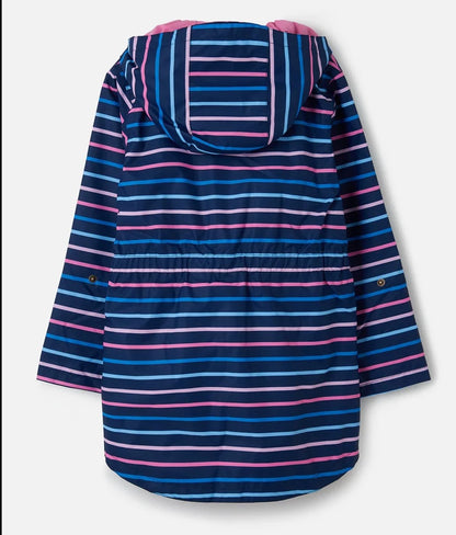 Back view of a childrens Lighthouse Charlotte waterproof hooded jacket in navy with a pink and blue stripe pattern on a white background
