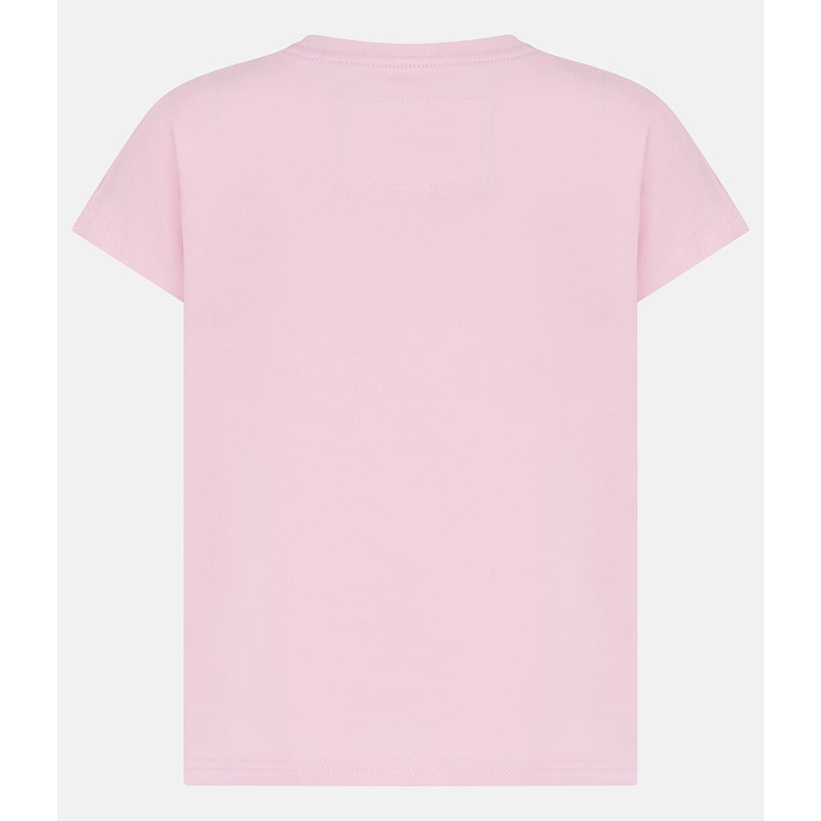 Back view of a kids Lighthouse Causeway short sleeve tee in pink with a tie hem and embroidered bow on the front.