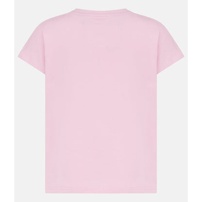 Back view of a kids Lighthouse Causeway short sleeve tee in pink with a tie hem and embroidered bow on the front.