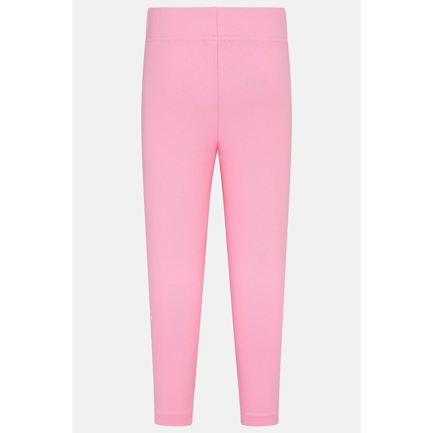 Back view of a pair of Lighthouse kids Mollie leggings in Fluro Pink with a bow, heart and flower print on one leg.
