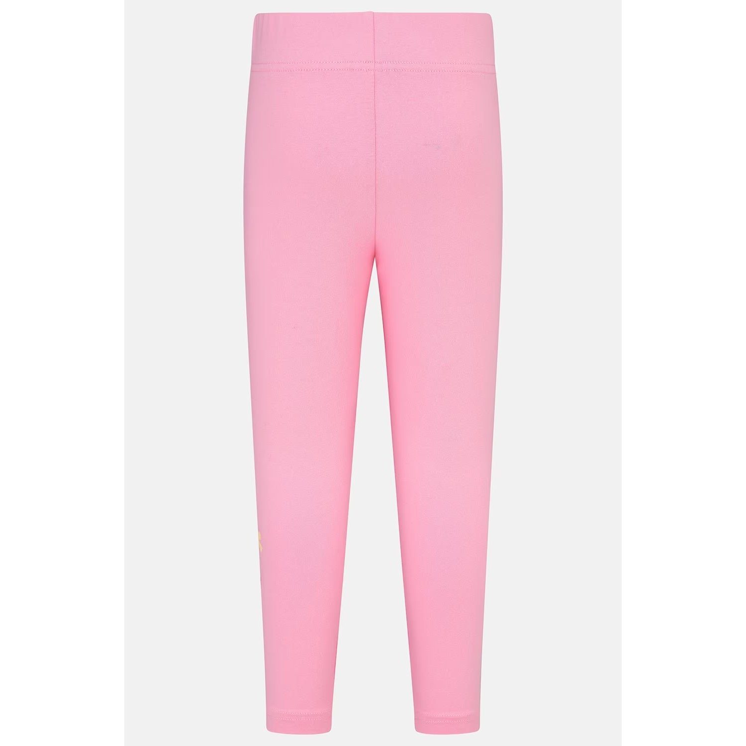 Back view of a pair of Lighthouse kids Mollie leggings in Fluro Pink with a bow, heart and flower print on one leg.