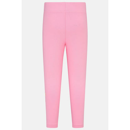 Back view of a pair of Lighthouse kids Mollie leggings in Fluro Pink with a bow, heart and flower print on one leg.