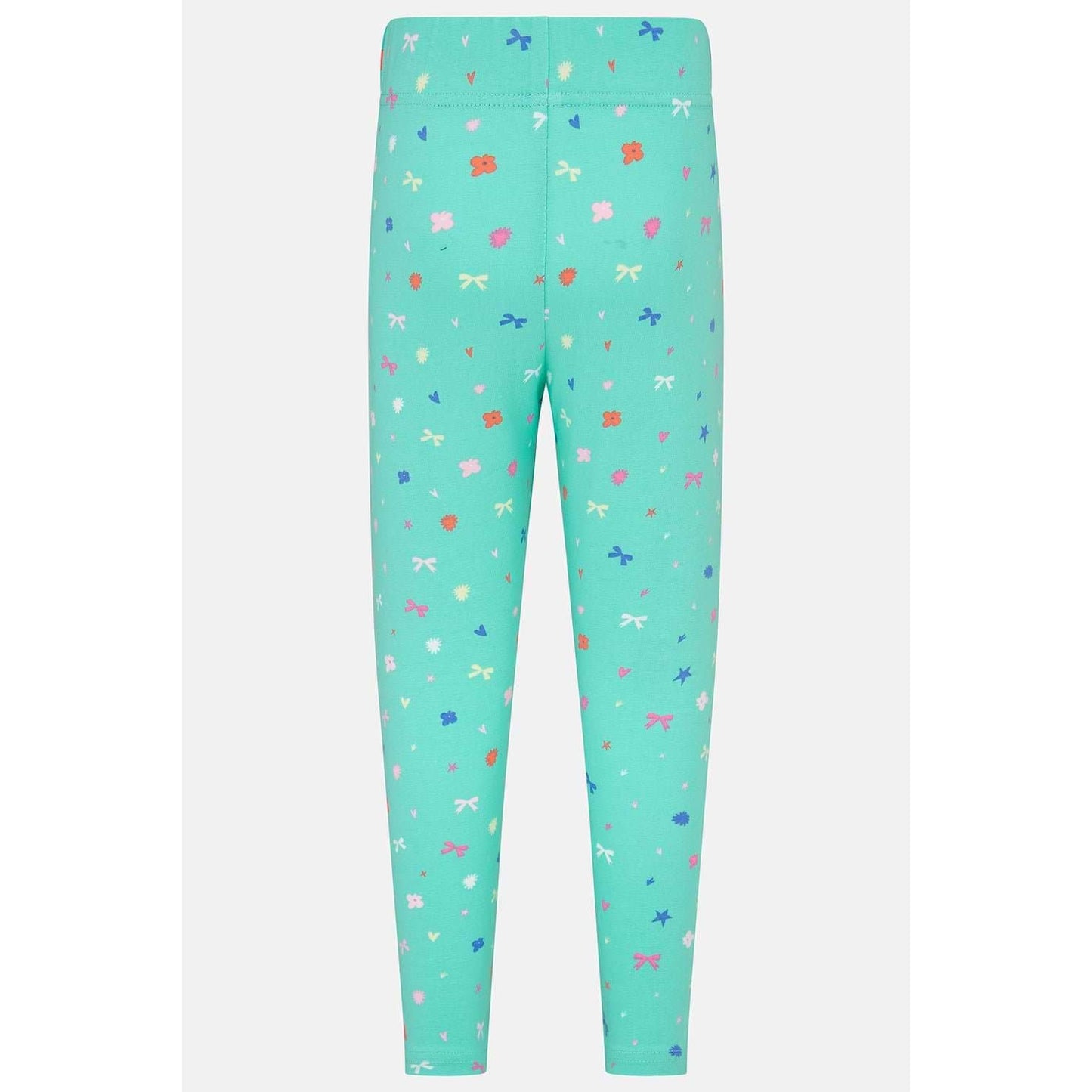 Back view of a pair of Lighthouse kids Mollie leggings in mint green with a bows, stars and floral pattern.