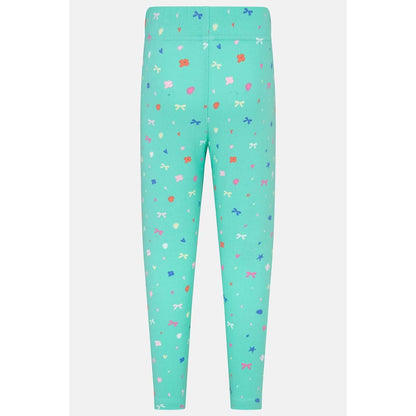 Back view of a pair of Lighthouse kids Mollie leggings in mint green with a bows, stars and floral pattern.
