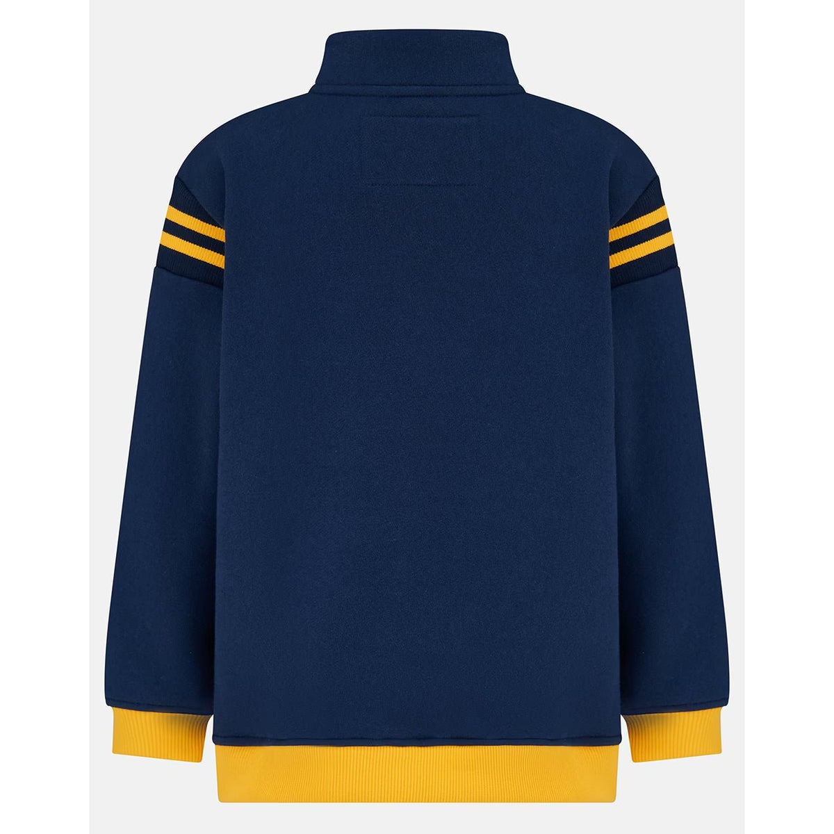Back view of a Lighthouse kids Jonah 1/4 zip sweatshirt in navy with yellow trim and a JCB applique sewn on the chest.
