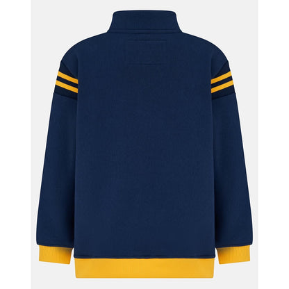 Back view of a Lighthouse kids Jonah 1/4 zip sweatshirt in navy with yellow trim and a JCB applique sewn on the chest.
