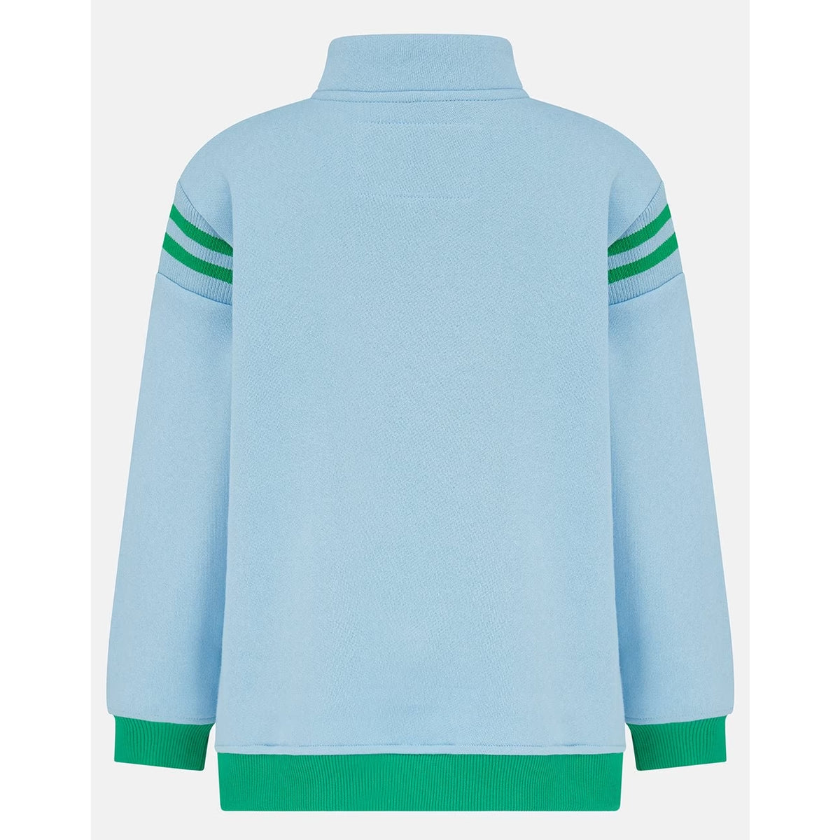 Back view of a Lighthouse Jonah zip neck sweatshirt in sky blue with green trim.
