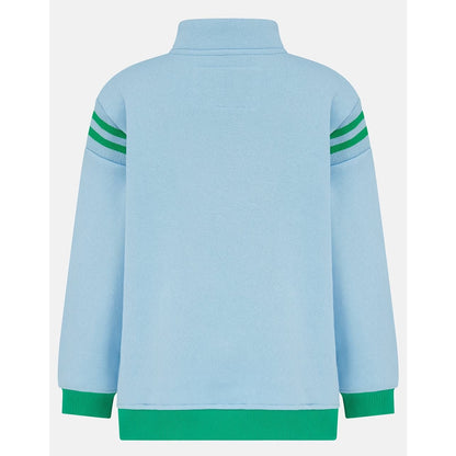Back view of a Lighthouse Jonah zip neck sweatshirt in sky blue with green trim.