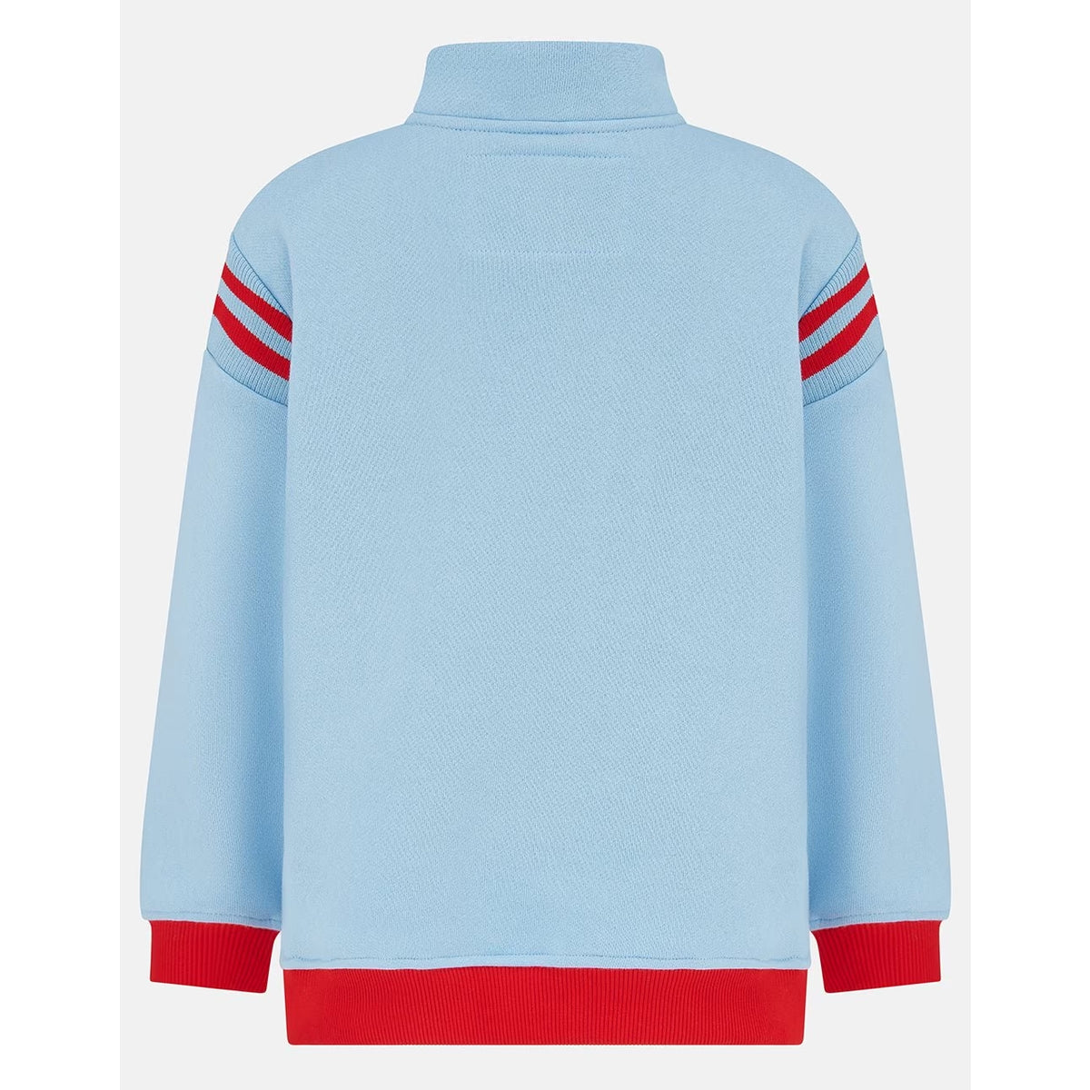 Back view of a Lighthouse kids Jonah 1/4 zip sweatshirt in sky blue with red trim and a red embroidered tractor applique on the chest.
