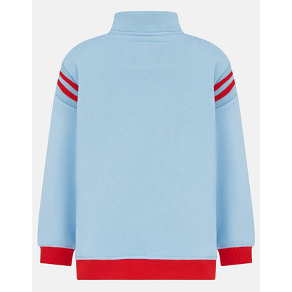 Back view of a Lighthouse kids Jonah 1/4 zip sweatshirt in sky blue with red trim and a red embroidered tractor applique on the chest.