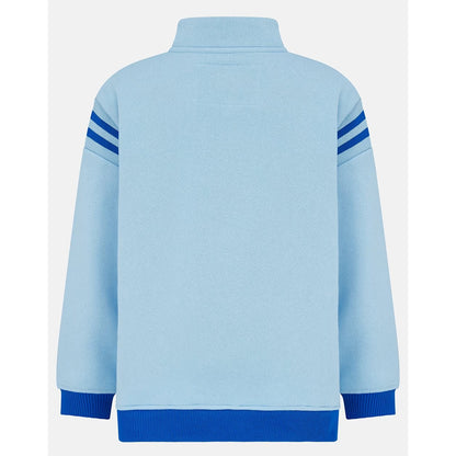Back view of a Weird Fish kids Jonah 1/4 zip neck sweatshirt with blue trim and blue tractor applique sewn on the chest.