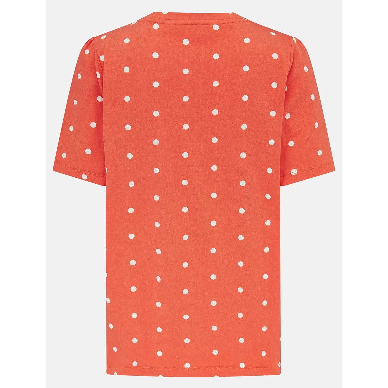 Back view of a womens Lighthouse short sleeve Ariana v-neck t-shirt in coral with a white dot pattern.