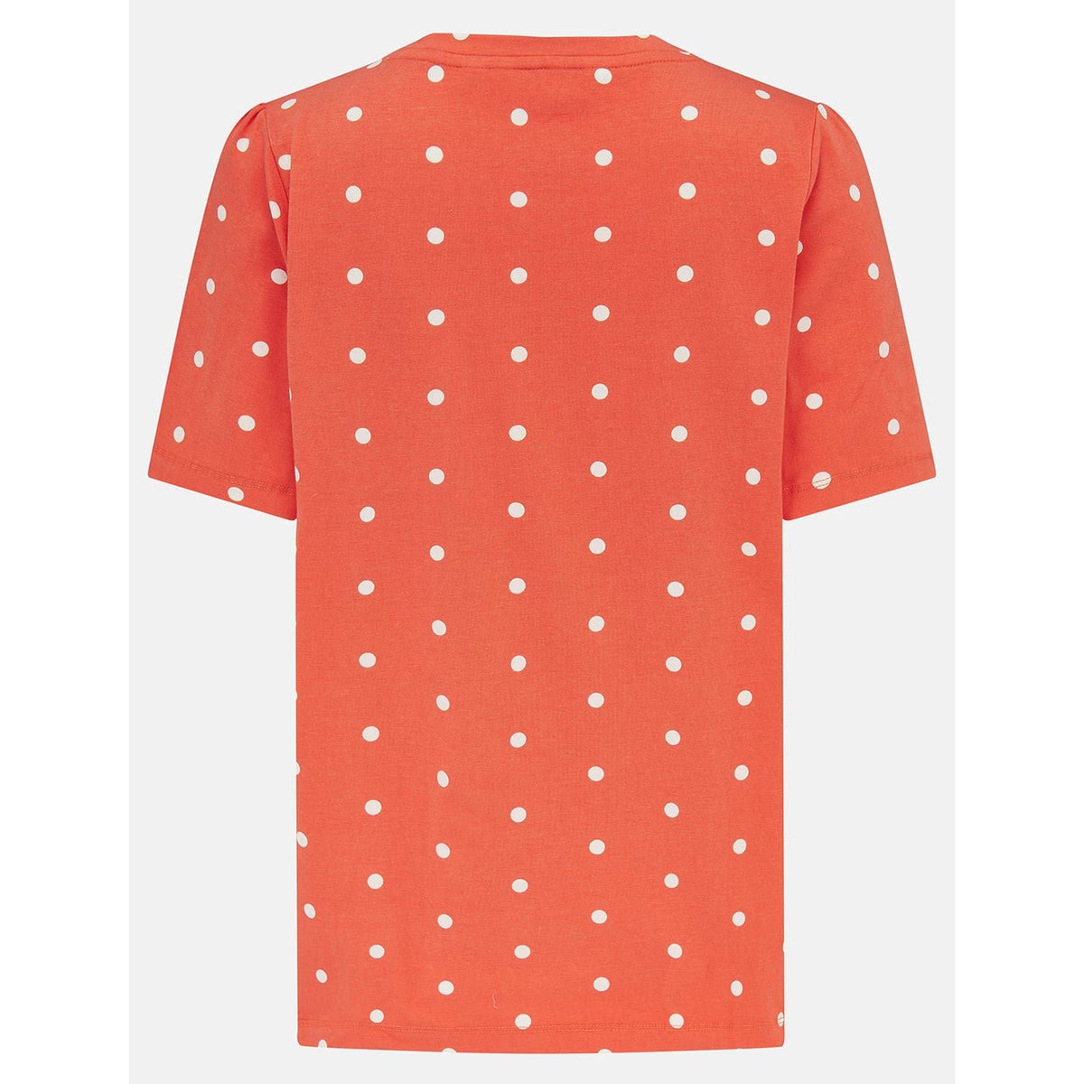 Back view of a womens Lighthouse short sleeve Ariana v-neck t-shirt in coral with a white dot pattern.