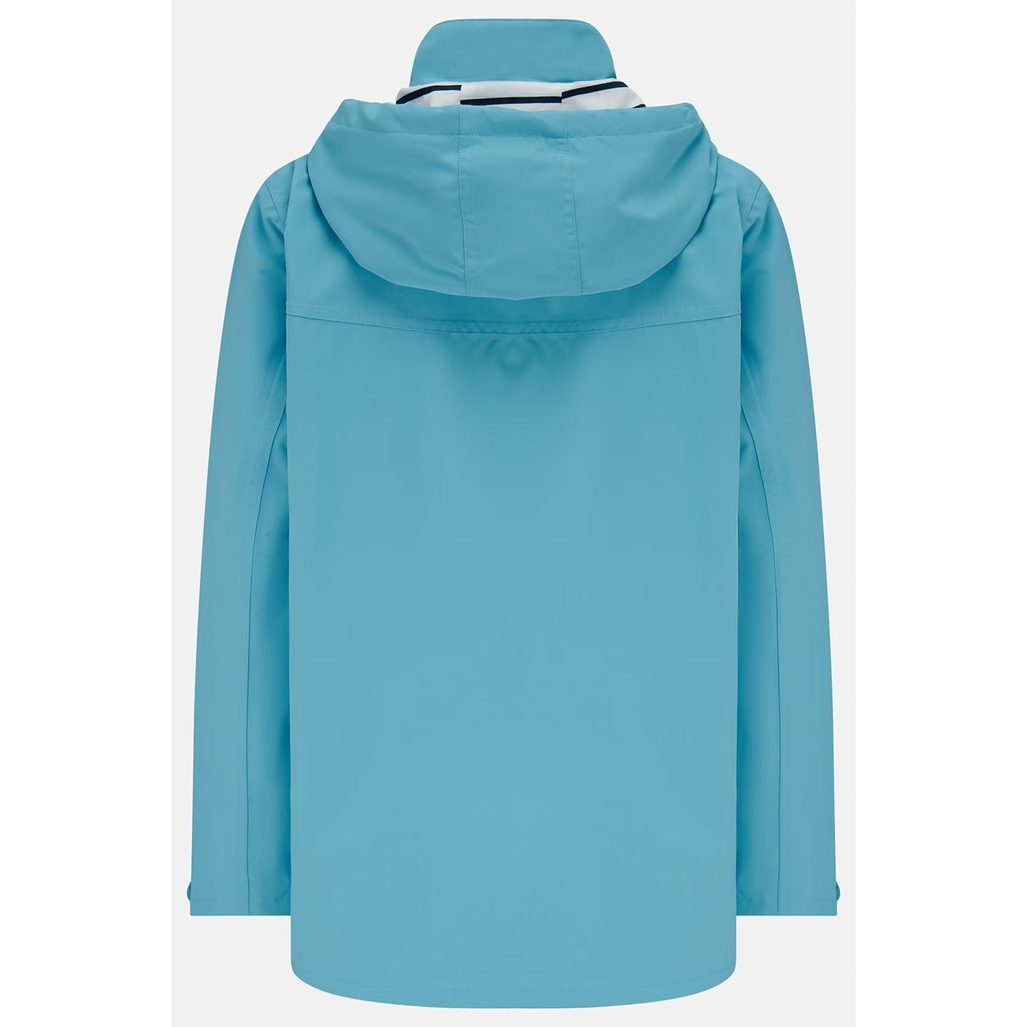 Main back view of a womens Beachcomber II waterproof jacket in Blue with a stripy hood lining.