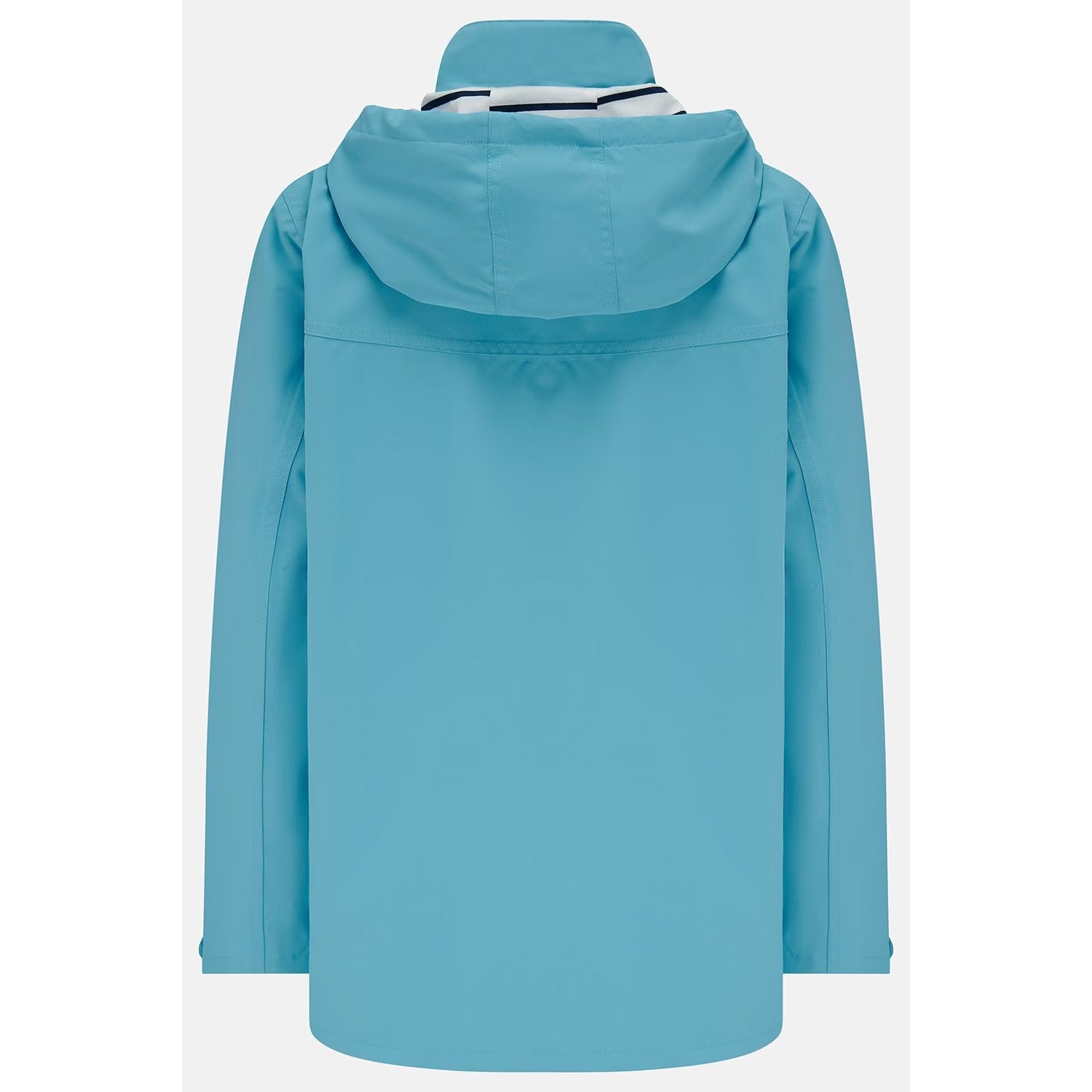 Main back view of a womens Beachcomber II waterproof jacket in Blue with a stripy hood lining.