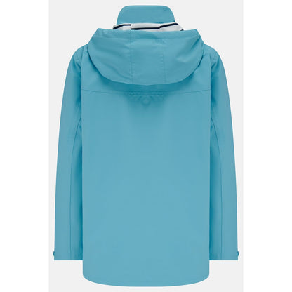 Main back view of a womens Beachcomber II waterproof jacket in Blue with a stripy hood lining.