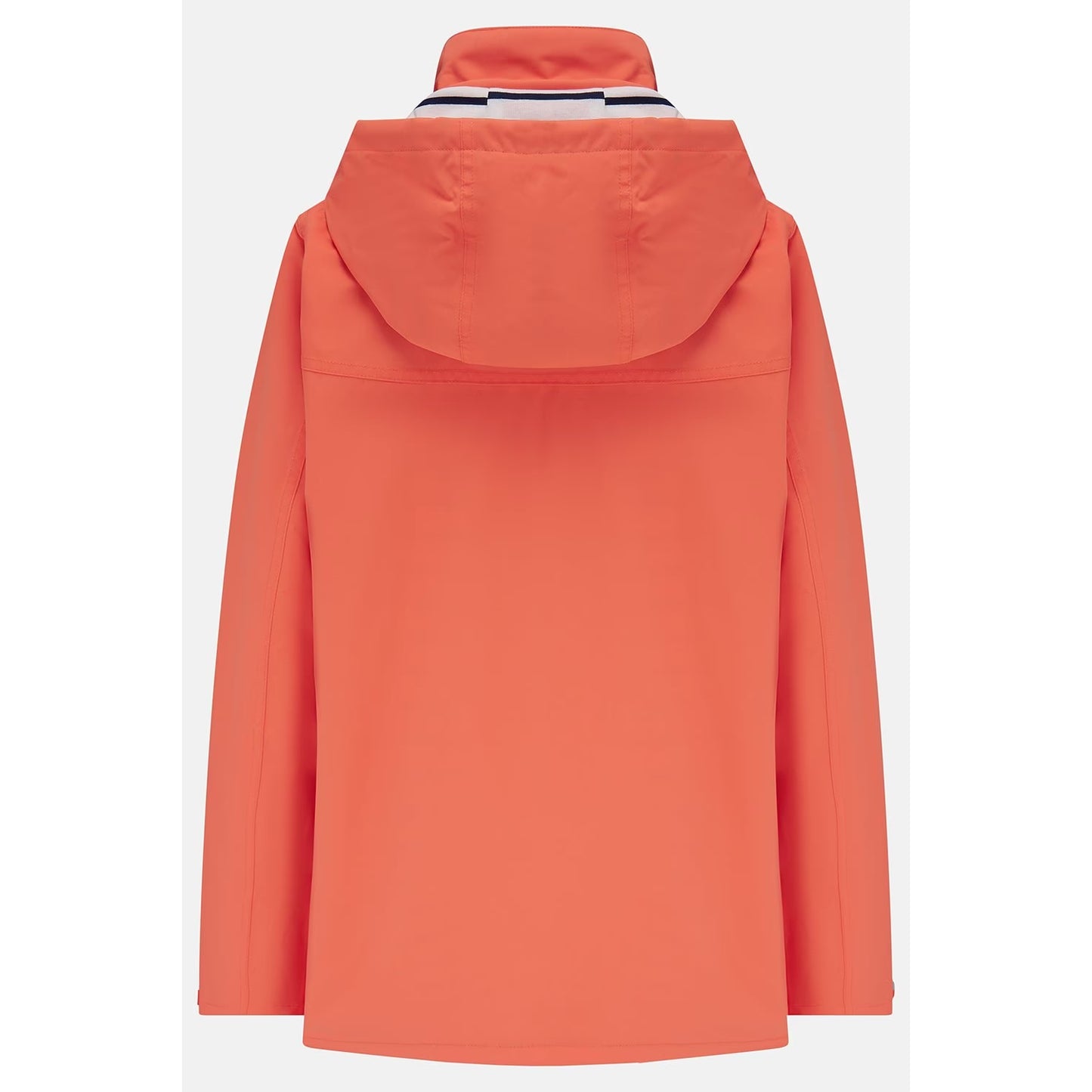 Main back view of a womens Beachcomber II waterproof jacket in Coral with a stripy hood lining.