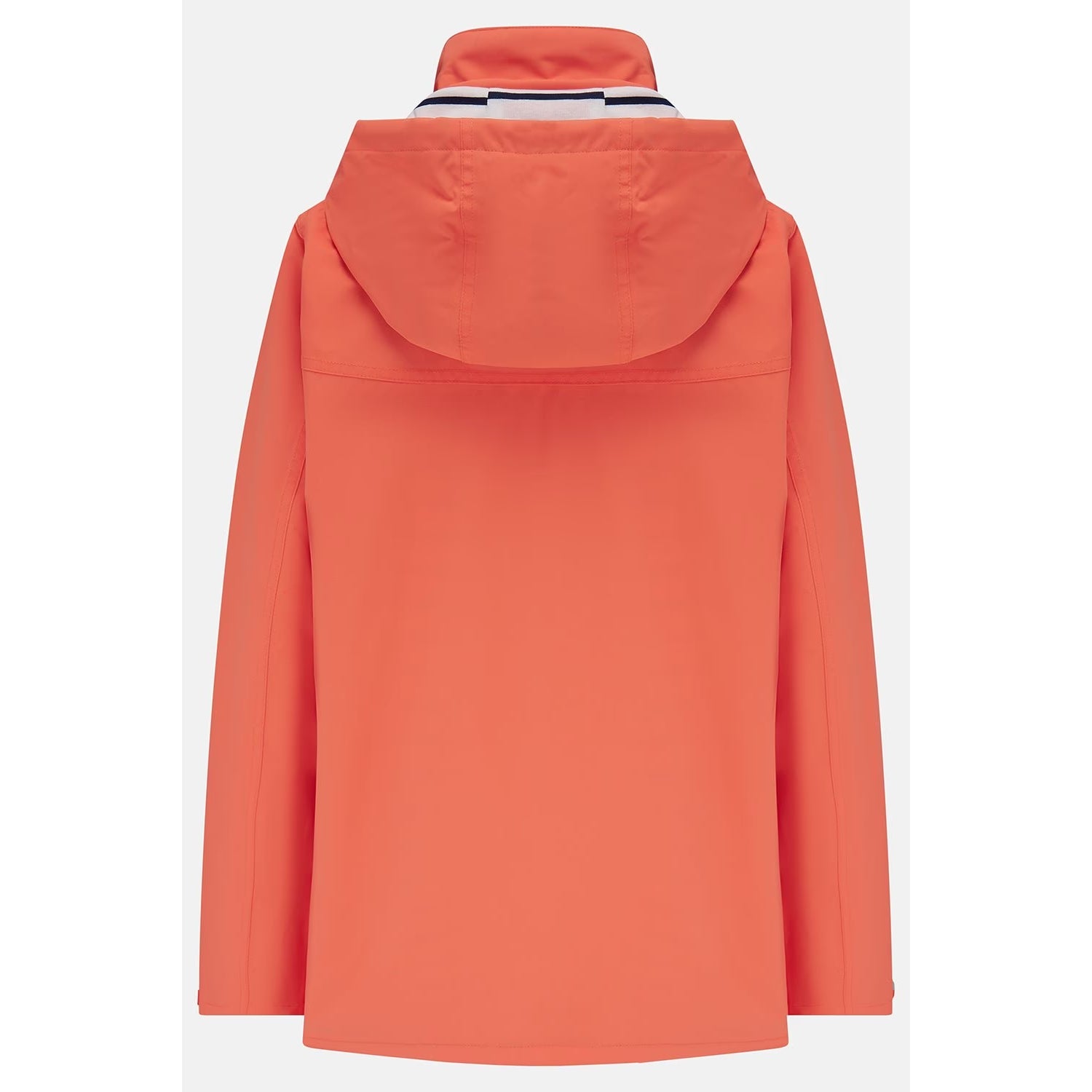 Main back view of a womens Beachcomber II waterproof jacket in Coral with a stripy hood lining.