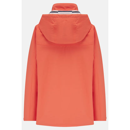 Main back view of a womens Beachcomber II waterproof jacket in Coral with a stripy hood lining.