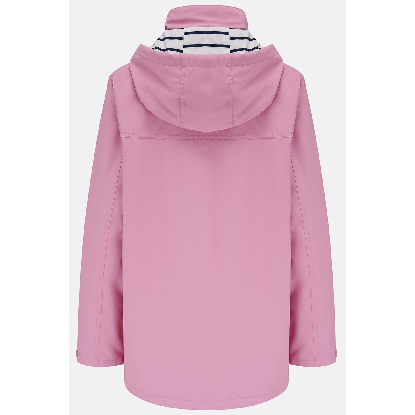 Main back view of a womens Beachcomber II waterproof jacket in Pink with a stripy hood lining.