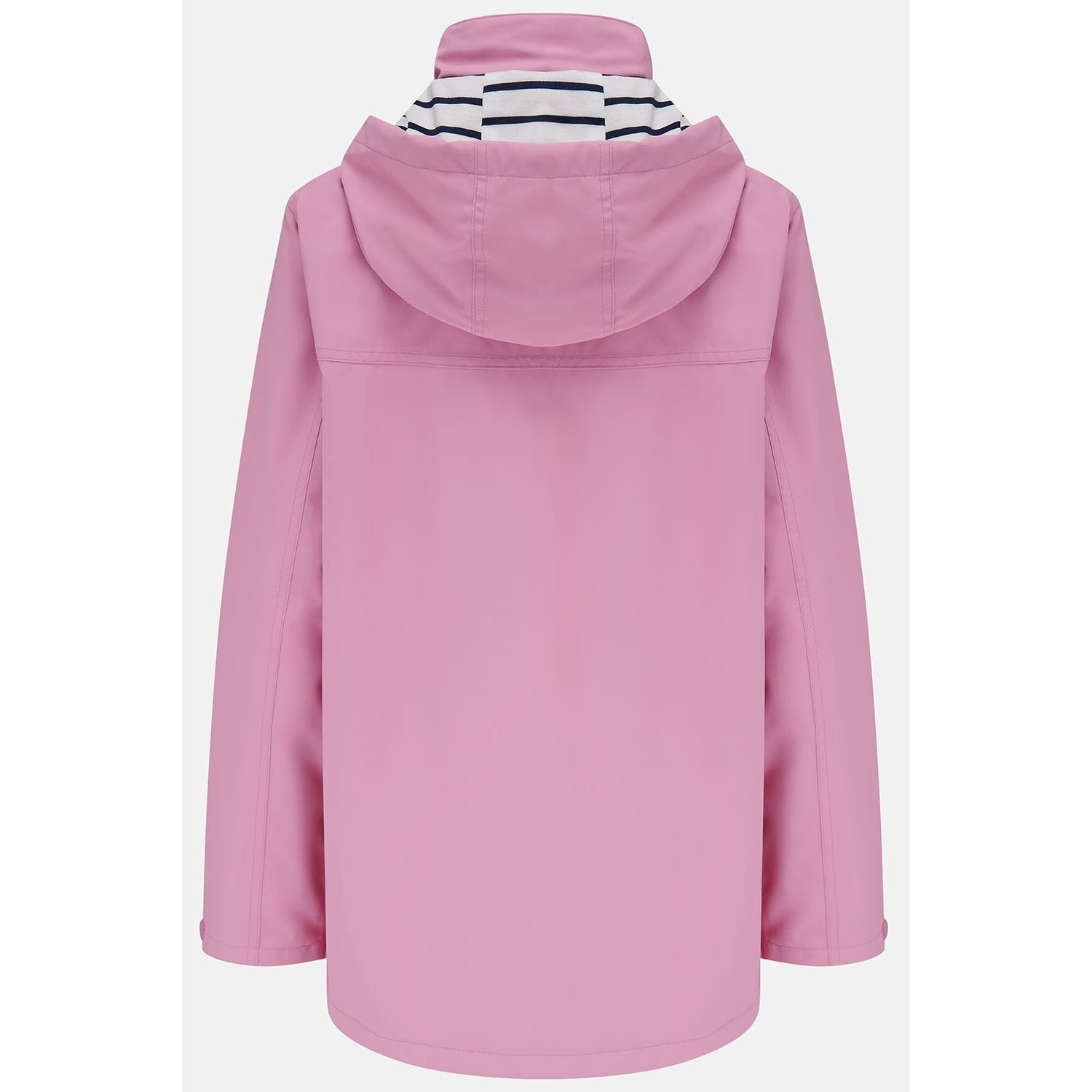 Main back view of a womens Beachcomber II waterproof jacket in Pink with a stripy hood lining.