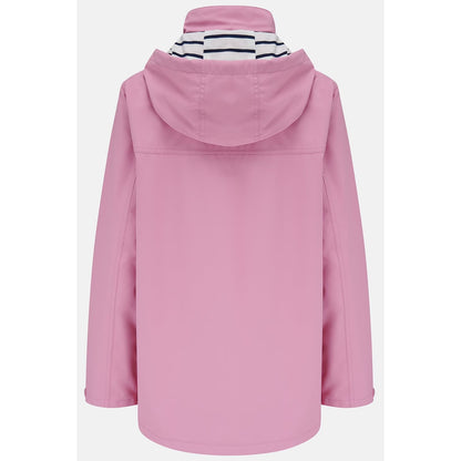 Main back view of a womens Beachcomber II waterproof jacket in Pink with a stripy hood lining.