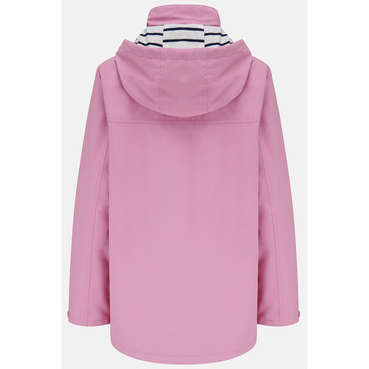 Main back view of a womens Beachcomber II waterproof jacket in Pink with a stripy hood lining.