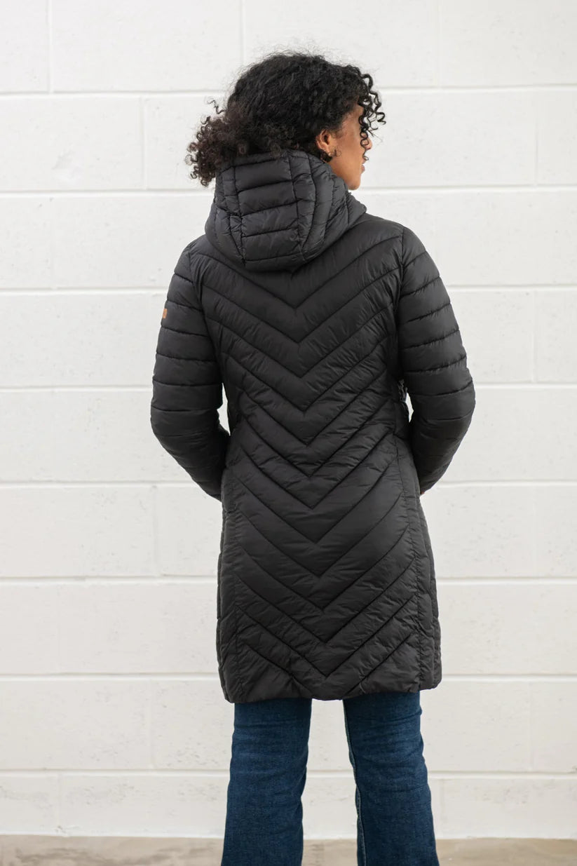 Lighthouse black padded coat womens with hood and chevron quilting design shown from the back