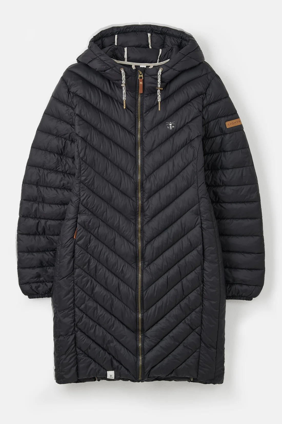 Lighthouse black padded coat womens with hood and full front zipper for cold weather