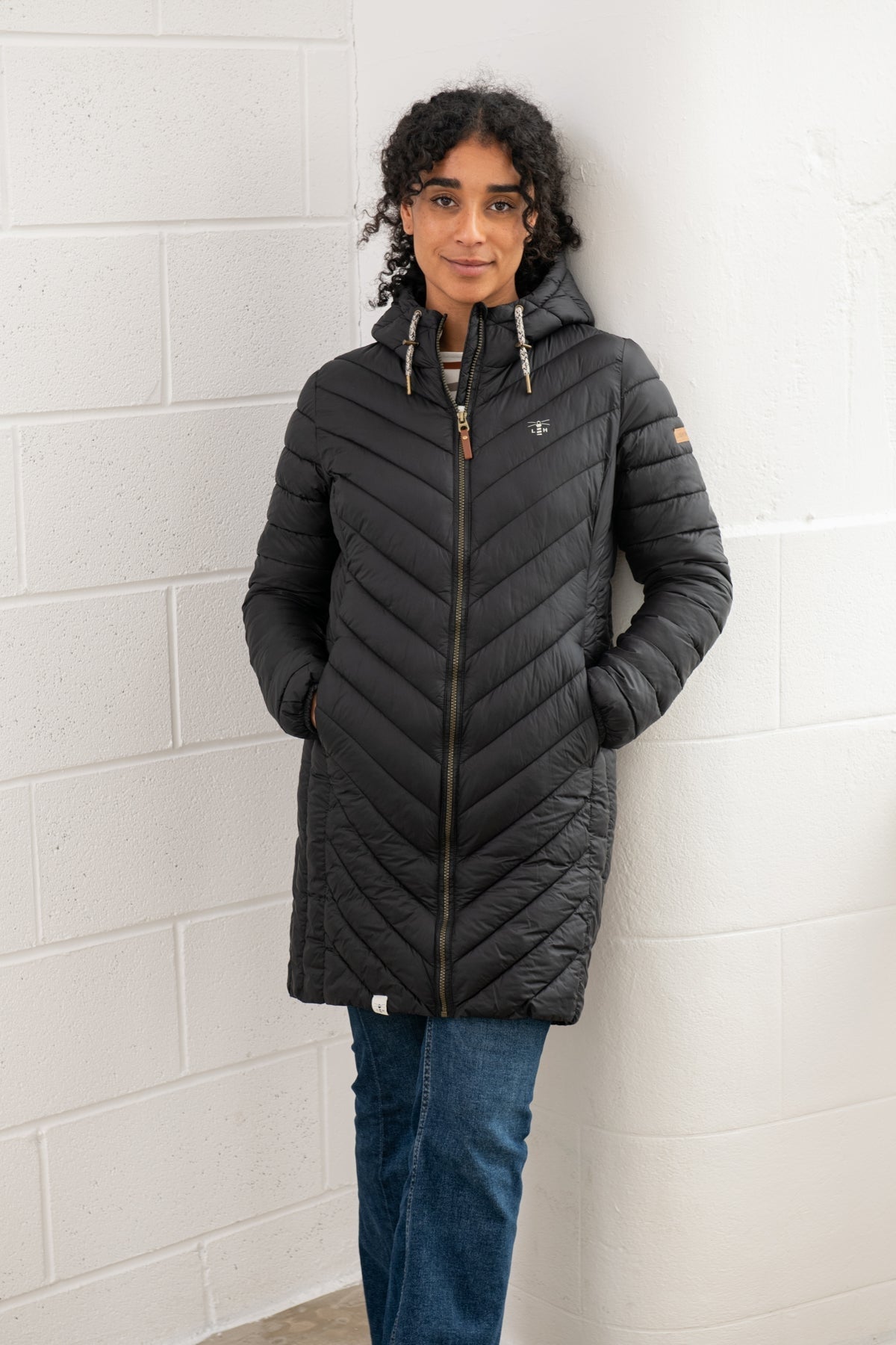 Lighthouse black padded coat womens long quilted jacket with hood and zip closure