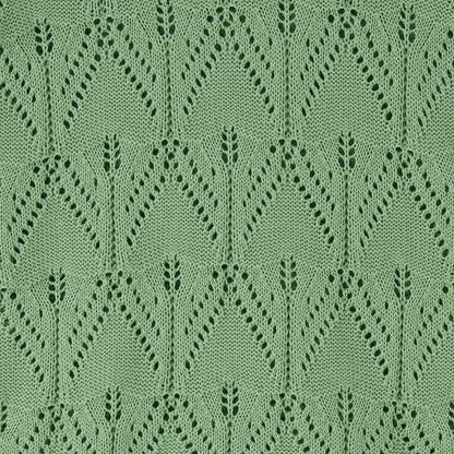 Close-up view of the geometric knit pattern of a Lighthouse Eden jumper in Soft Sage Green.