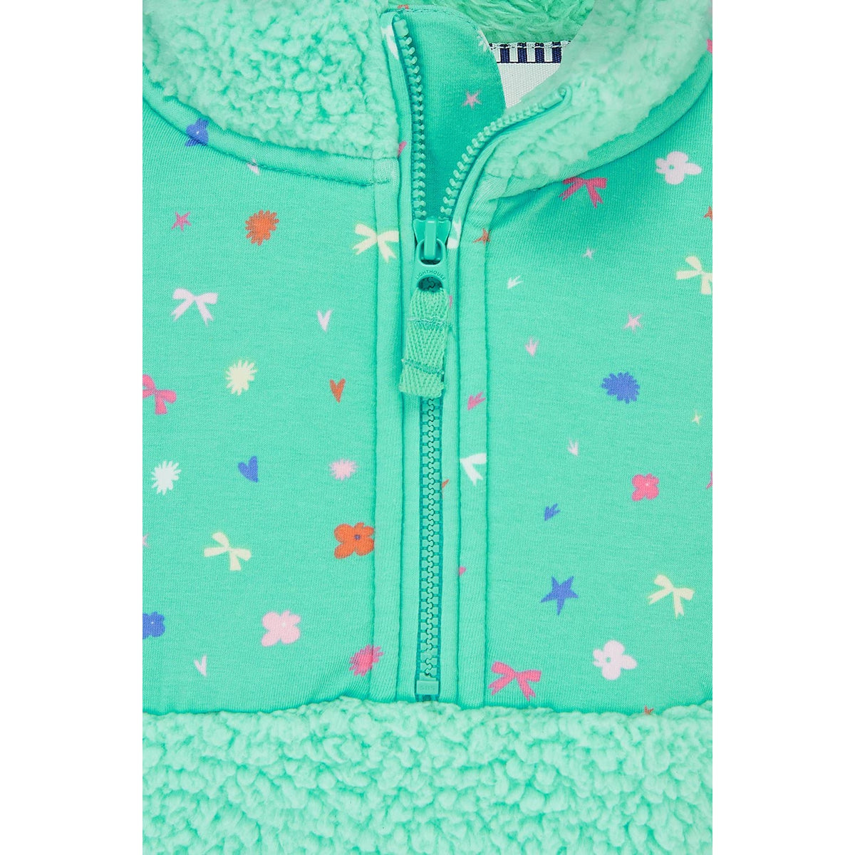 Close-up view of a kids Lighthouse Cassie fleece, in mint green with a tiffany bows, hearts, stars and floral print on the chest.