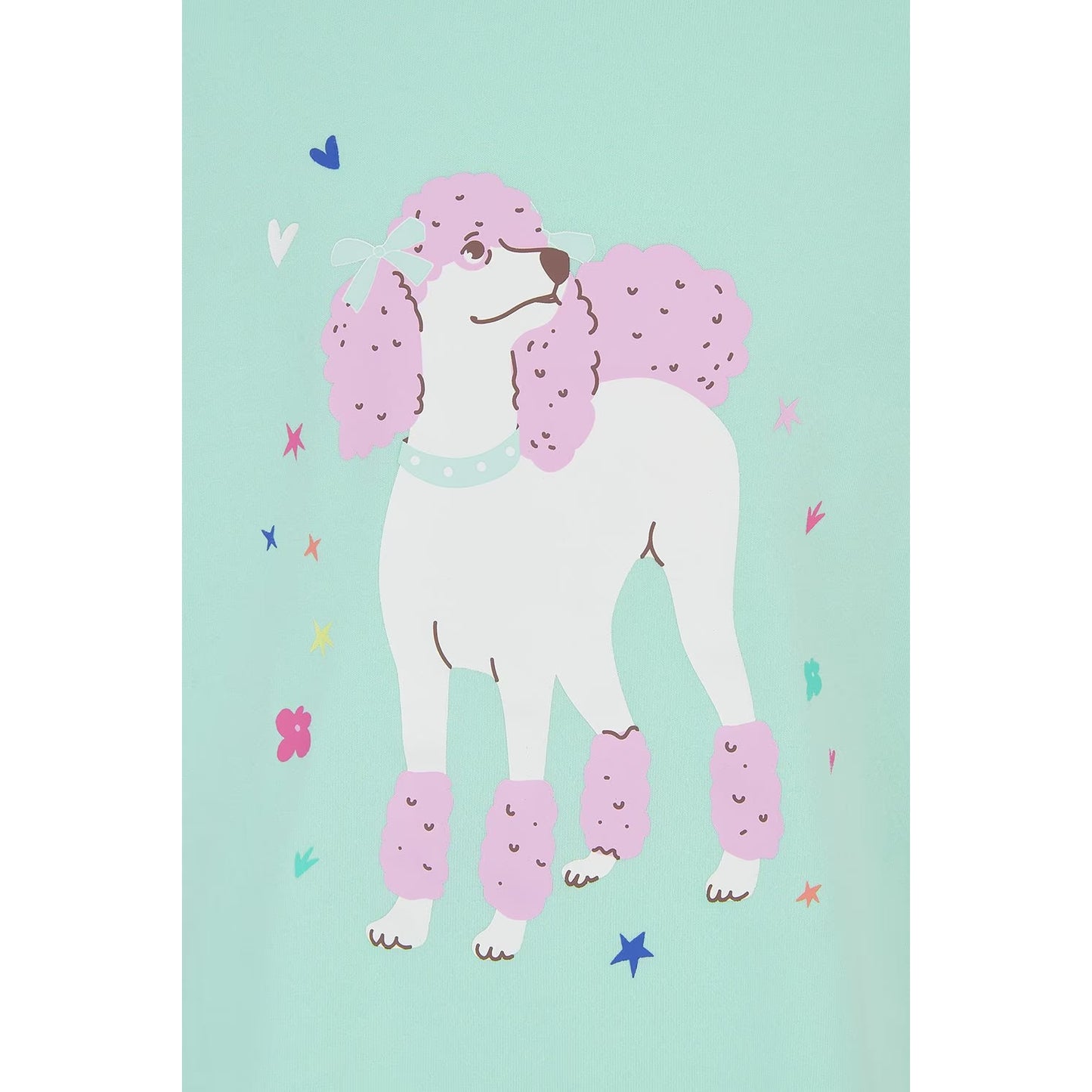 Close-up view of a kids Lighthouse short sleeve Causeway t-shirt in mint green, featuring a white and pink poodle dog print on the front.
