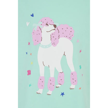 Close-up view of a kids Lighthouse short sleeve Causeway t-shirt in mint green, featuring a white and pink poodle dog print on the front.