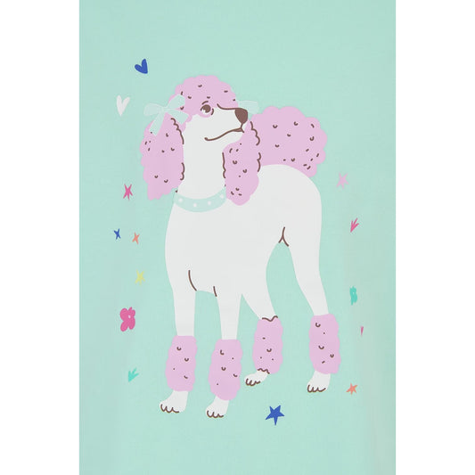 Close-up view of a kids Lighthouse short sleeve Causeway t-shirt in mint green, featuring a white and pink poodle dog print on the front.