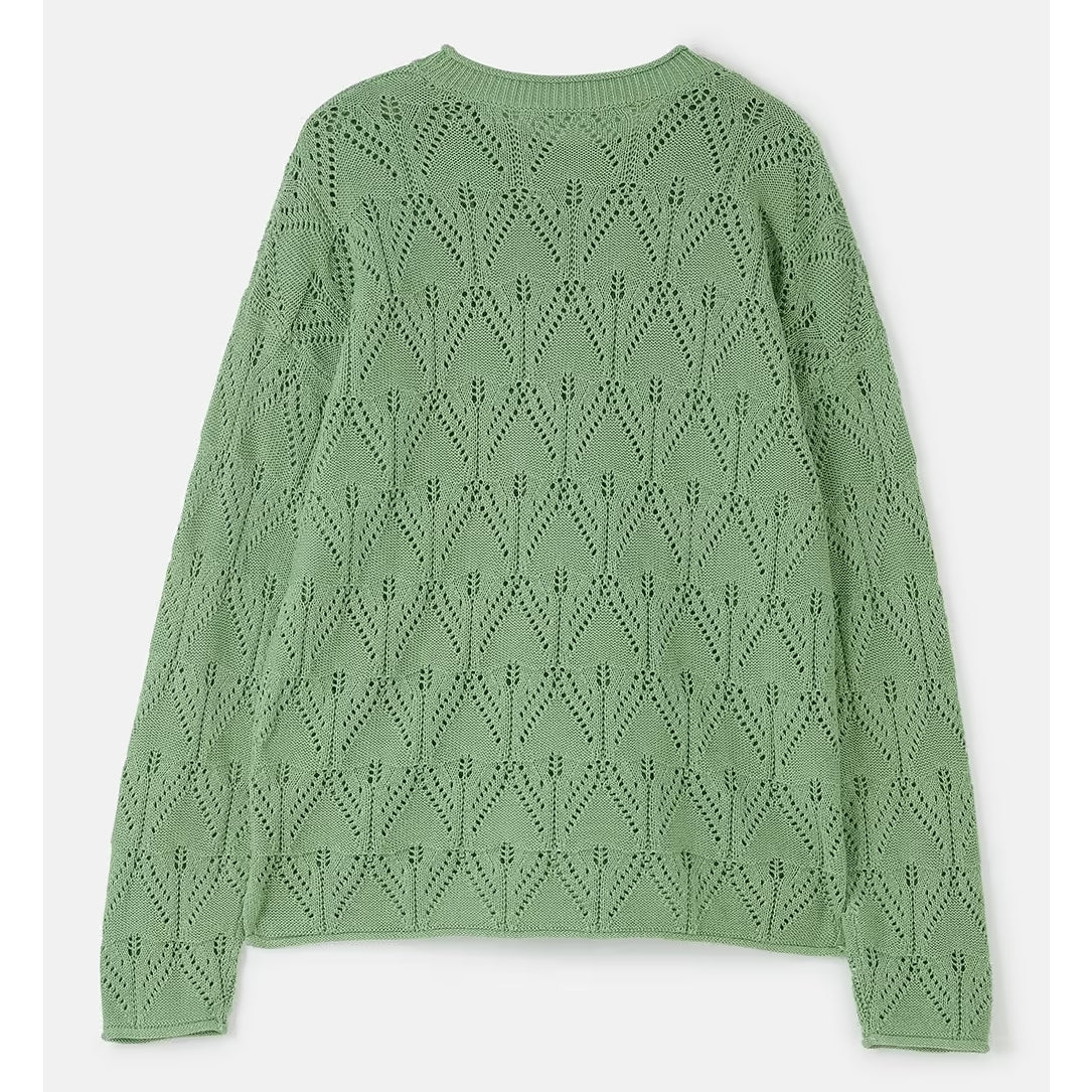Back view of a women's Lighthouse Eden knitted jumper in Soft Sage Green with a geometric pointelle knit pattern.