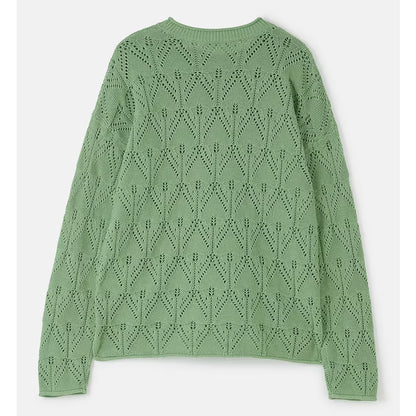 Back view of a women's Lighthouse Eden knitted jumper in Soft Sage Green with a geometric pointelle knit pattern.