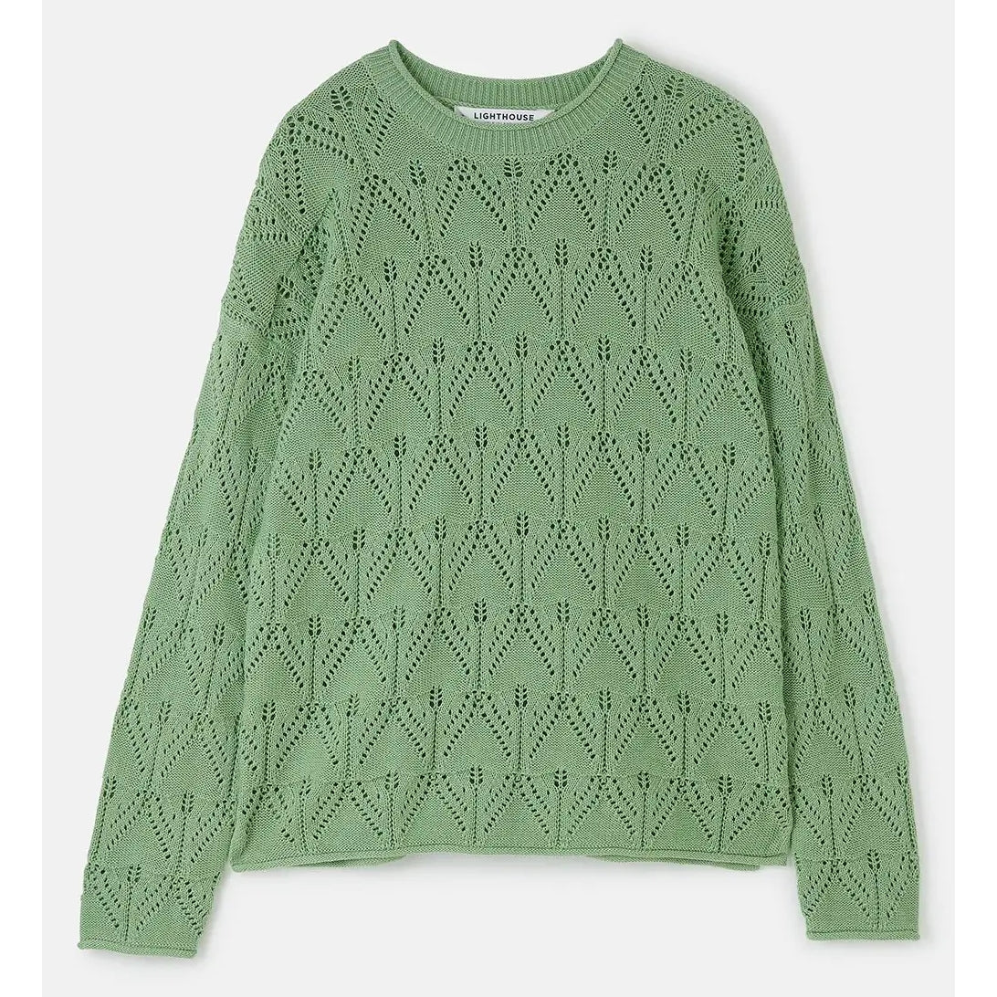 Main front view of a women's Lighthouse Eden knitted jumper in Soft Sage Green with a geometric pointelle knit pattern.