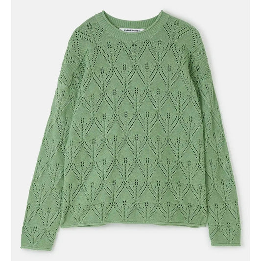 Main front view of a women's Lighthouse Eden knitted jumper in Soft Sage Green with a geometric pointelle knit pattern.