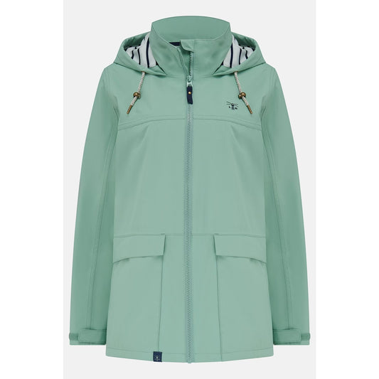 Main front view of a womens Lighthouse waterproof Beachcomber II waterproof jacket in Basil green.