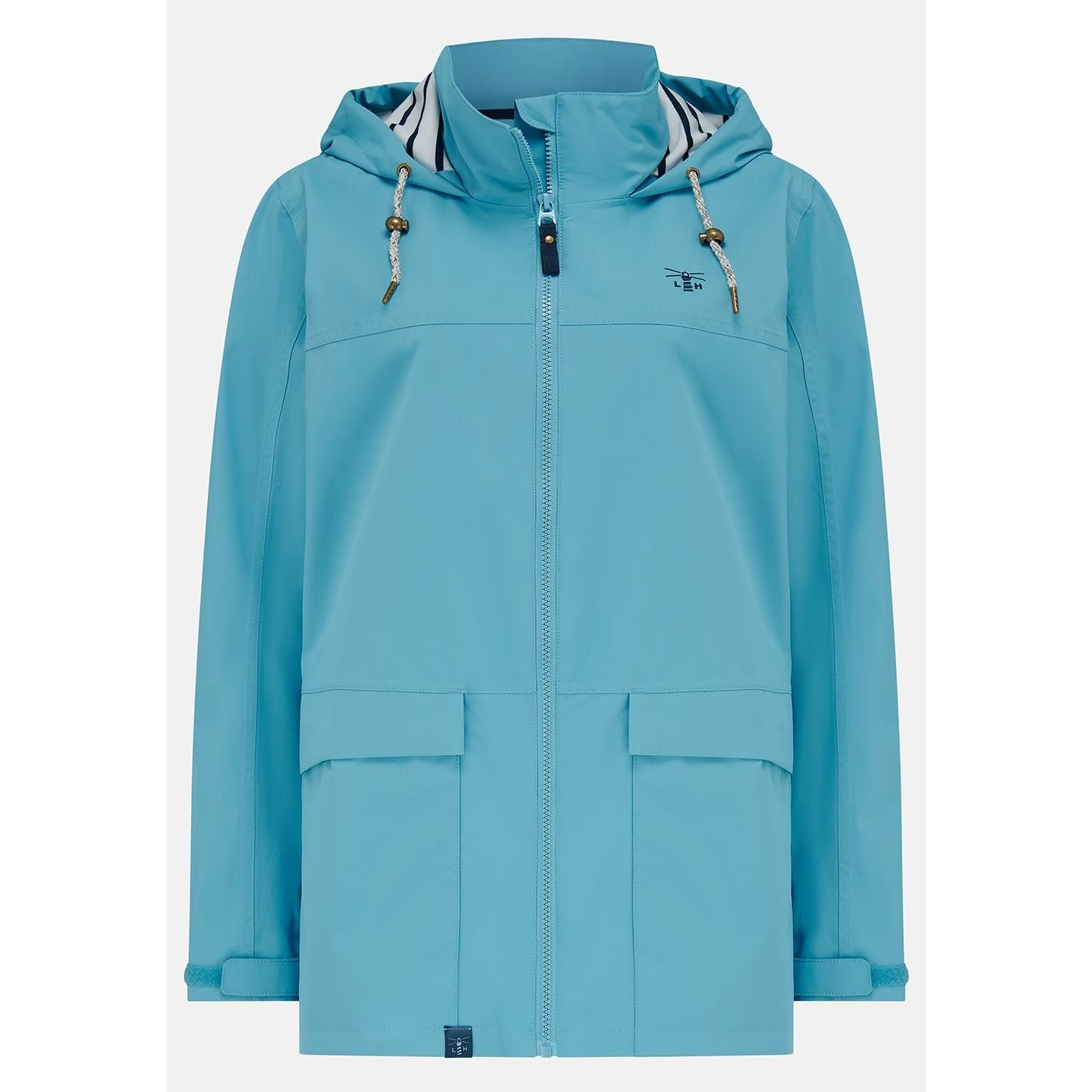 Main front view of a womens Beachcomber II waterproof jacket in Blue with a stripy hood lining.