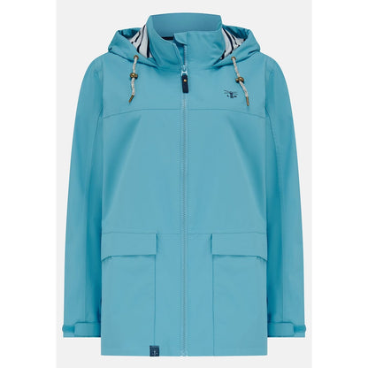 Main front view of a womens Beachcomber II waterproof jacket in Blue with a stripy hood lining.