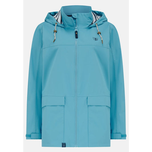 Main front view of a womens Beachcomber II waterproof jacket in Blue with a stripy hood lining.
